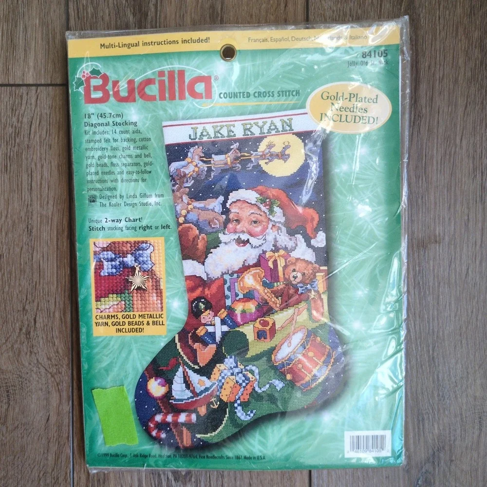 NOS Vtg 90's Bucilla Christmas Stocking Kit Santa Sleigh Toy Cross Stitch 84105